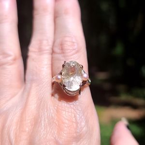 Stunning 6k rutilated gold & pink pearl sterling ring sz8
